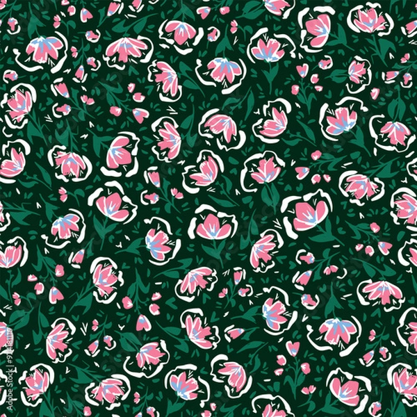 Fototapeta Hand drawn stylized flowers with leaves seamless repeat pattern. Random placed, vector botany aop, all over print on dark background.