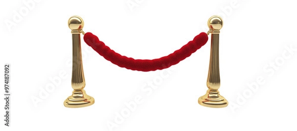 Fototapeta 3D rendering set of red velvet rope with golden metal pole Isolated on white background.