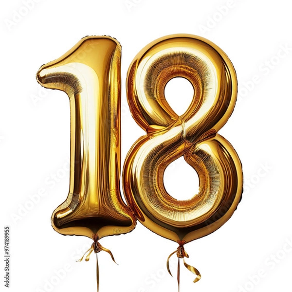 Obraz shiny gold foil number eighteen balloon floats on white