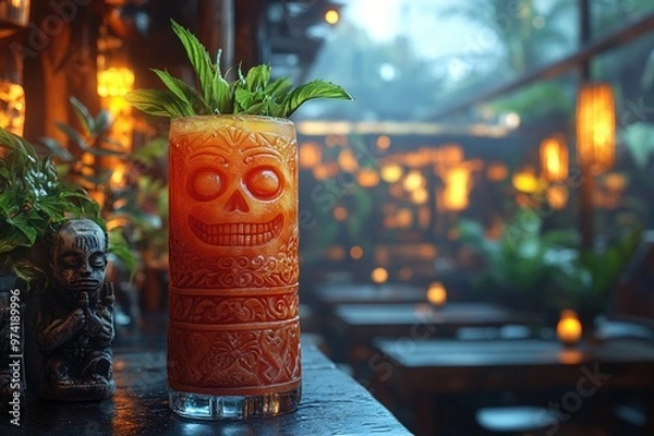 Fototapeta Zombie cocktail in a dimly lit tiki bar