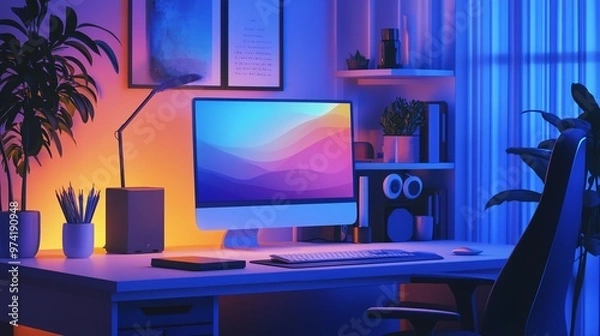 Fototapeta Show a modern workspace at a tilted angle, highlighting the concept of remote work using digital illustration