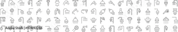 Fototapeta Eighty Minimalistic Black and White Icons of Shower. Illustration for web sites, apps, design, banners and other purposes