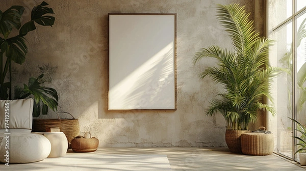 Fototapeta plain empty white artwork frame placed on contemporary modern interior, place your painting or design. 