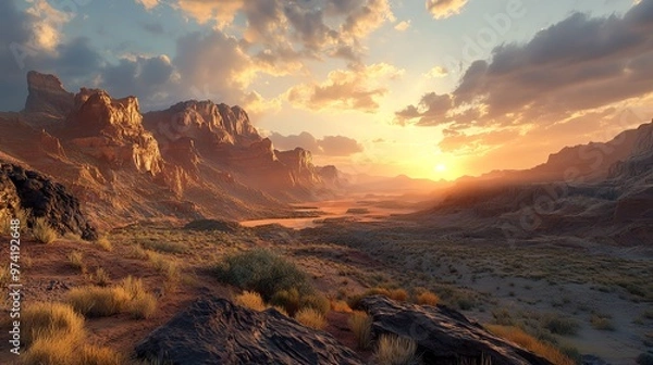 Fototapeta Capture a grand, majestic mountain range at sunrise in a wide-angle view, emphasizing vastness and serenity Utilize CG 3D techniques for photorealistic rendition