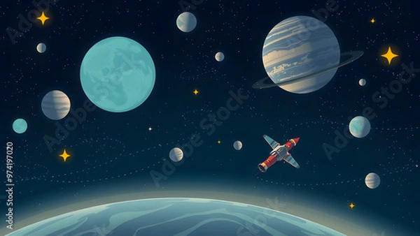 Fototapeta Colorful rocket ship exploring a vibrant solar system with various planets