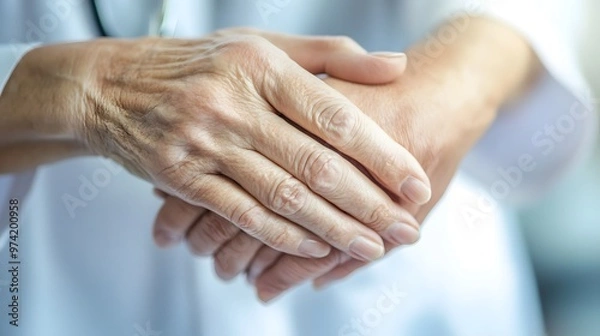 Fototapeta Measuring Pulse: Doctor's hands gently holding a patient's wrist, measuring the pulse. 
