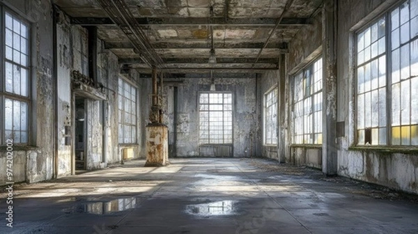 Fototapeta Abandoned industrial building with large windows and peeling paint, sunlight streams through the windows.