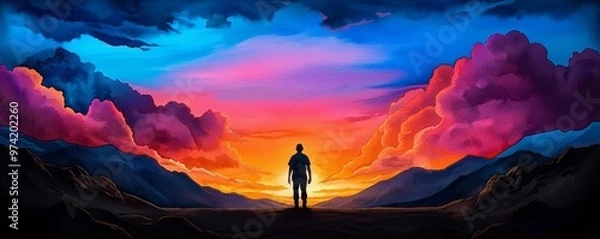 Fototapeta Watercolor figure walking away into a fading sunset, symbolizing the end of a journey