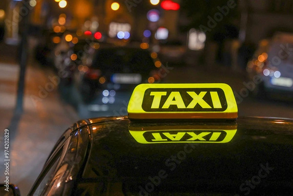 Fototapeta Close-up view of a brightly illuminated yellow taxi sign on the roof of a vehicle. 