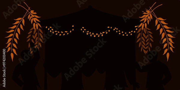Fototapeta Sukkah decorations ay night with silhouettes of greenery, people and luminous canopy, background in dark tones