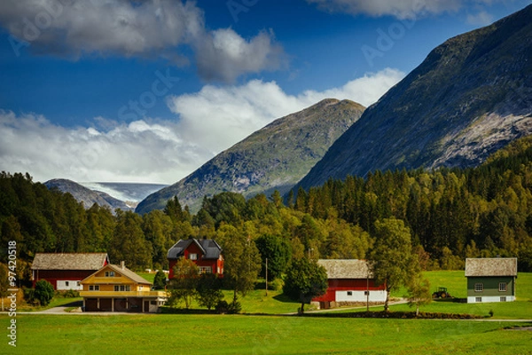 Fototapeta A few coloured houses in a remote small village in Norway, Europe