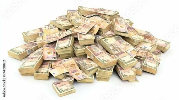 Fototapeta A large pile of Tanzanian shillings banknotes, stacked in a haphazard manner.