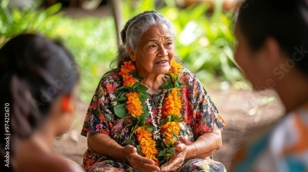 Fototapeta Indigenous Hawaiian elder sharing stories with a small group in a traditional setting