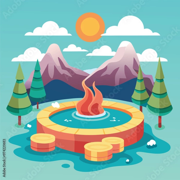 Fototapeta hot spring illustration of a landscape with a tree and a lake