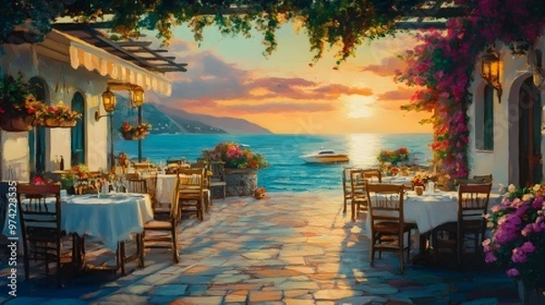 Fototapeta A small restaurant with a view of the sea, colorful flowers adorning the tables, the sky painted in warm, sunset colors, oil painting style with smooth, flowing brushwork, a romantic and serene mood
