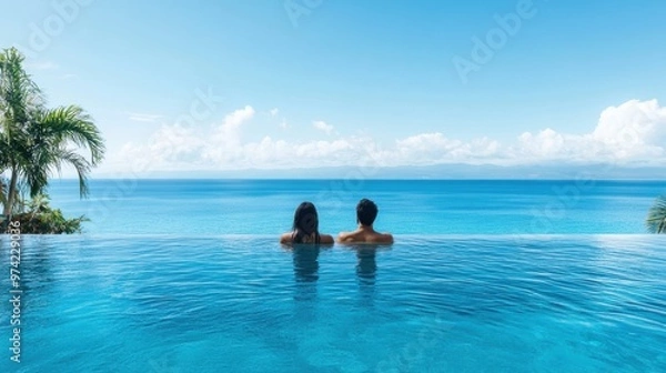 Fototapeta A couple relaxes in a luxurious infinity pool overlooking the ocean at a tropical resort, savoring an exotic escape.