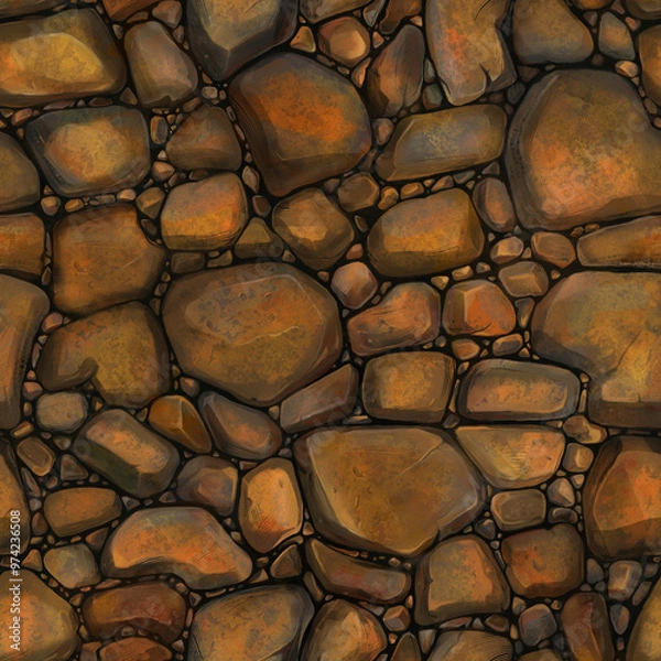 Fototapeta Seamless painted orange stone texture, rocks - wallpaper, pattern. Nature, old wall. Realistic painted texture for game art.