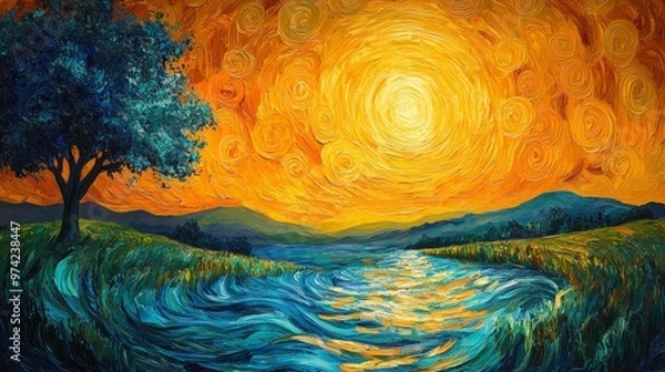 Obraz Vibrant Oil Painting of Sunset Over a River Generative AI