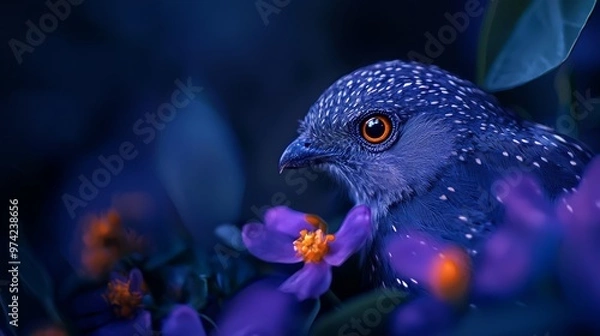 Fototapeta  A tight shot of a bird holding a flower against a backdrop of leafy and bloomed foliage