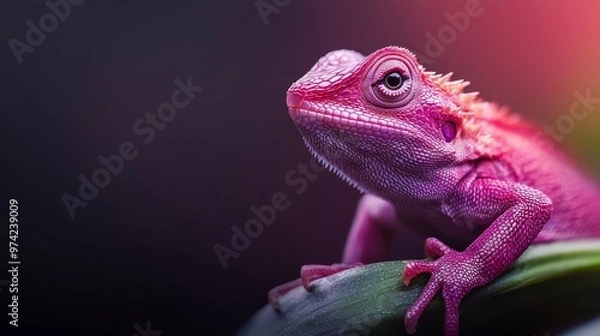 Fototapeta  A tight shot of a gecko perched on a leaf against a softly blurred background The backdrop is uniformly black