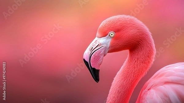 Fototapeta  A tight shot of a pink flamingo against a softly blurred backdrop, featuring a pink sky