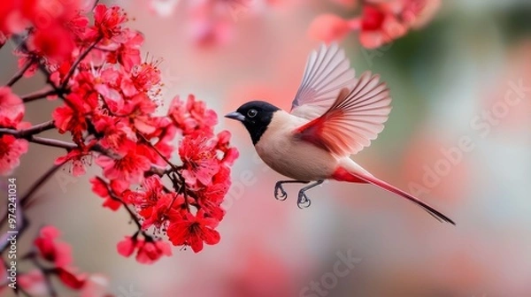 Obraz  A bird perched by a tree adorned with red flowers, against a softly blurred backdrop of pink and red blooms