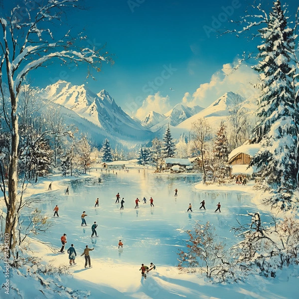 Fototapeta A picturesque winter landscape featuring a frozen lake where people are ice skating