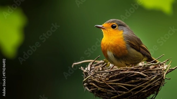Fototapeta  A bird perches on a green tree branch, its nest atop it, eyes fixed and alert