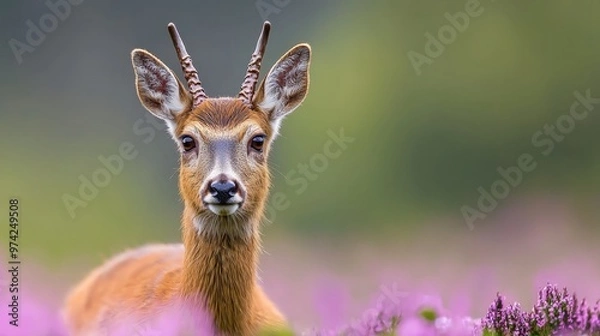 Fototapeta  A tight shot of a deer's face amidst a field of purple blooms, background softly blurred