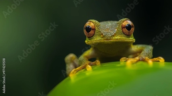 Fototapeta  A tight shot of a frog perched on a verdant leaf against a softly blurred background