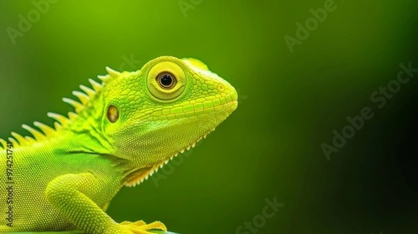 Fototapeta  A tight shot of a green iguana perched on a branch against a softly blurred background