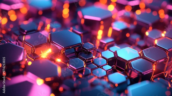 Fototapeta 3D Maze of Hexagons in Various Sizes with Metallic Textures and Pastel Gradients