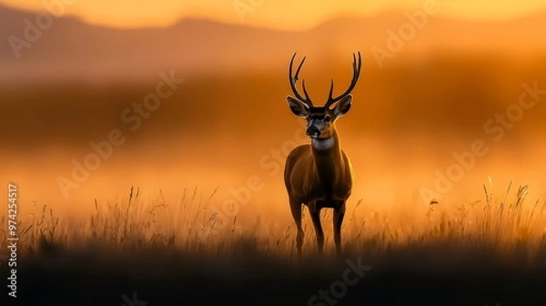 Fototapeta  A deer stands in a sun-lit field, its back bathed in sunlight Antlers prominent in the foreground