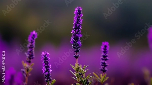 Fototapeta purple blooms in sharp focus, background blurred with more purple flowers