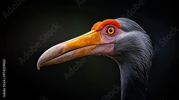 Fototapeta  A vividly colored bird with a red and yellow head and a long beak against a black backdrop