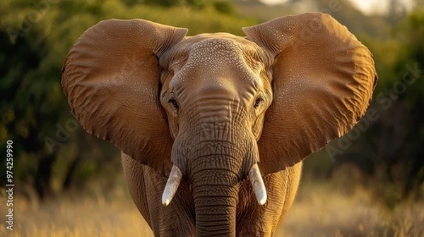 Fototapeta  A tight shot of an elephant's face amidst a sea of tall grasses In the background, trees stand proudly