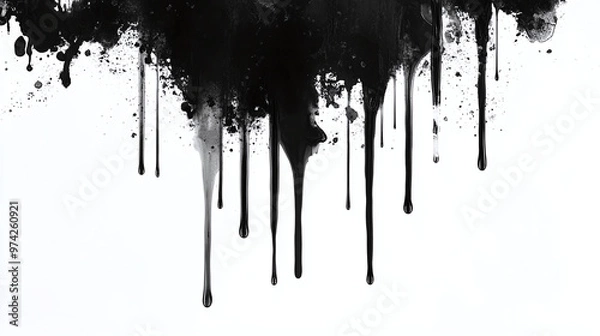 Obraz black ink drops fluid effect on wet white canvas background,  overlay alpha layer graphic design footage brushes filter dripping spot ink fluid drops