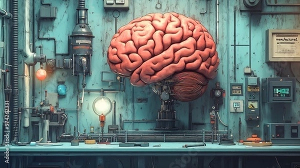 Obraz Show a cartoon brain as a quirky factory where creative ideas are "manufactured