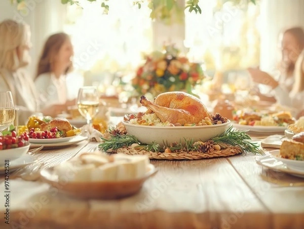 Obraz Thanksgiving family gathering around a festive dinner table
