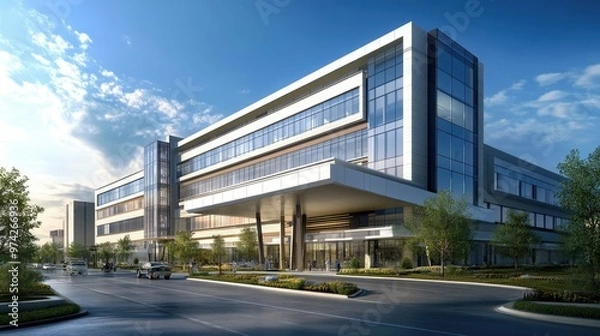 Fototapeta Modern hospital building with large glass windows and a covered entrance.  People walk on the street in front of the building.