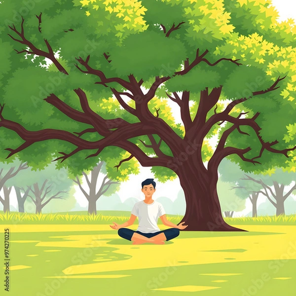 Fototapeta Person meditating peacefully under a large tree in a serene park setting