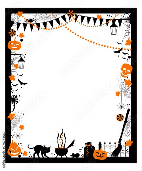 Fototapeta Happy Halloween. Black frame with black and orange halloween scary objects. Vector illustration.	
