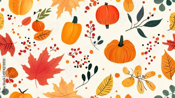 Fototapeta A festive autumn illustration featuring pumpkins, colorful leaves, and berries scattered on a light background, representing the fall season