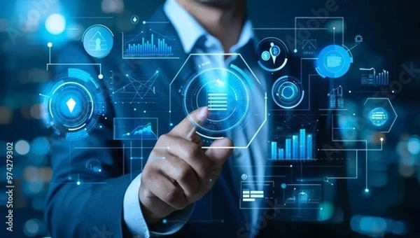 Fototapeta Businessman Analyzing Futuristic Data Dashboard
