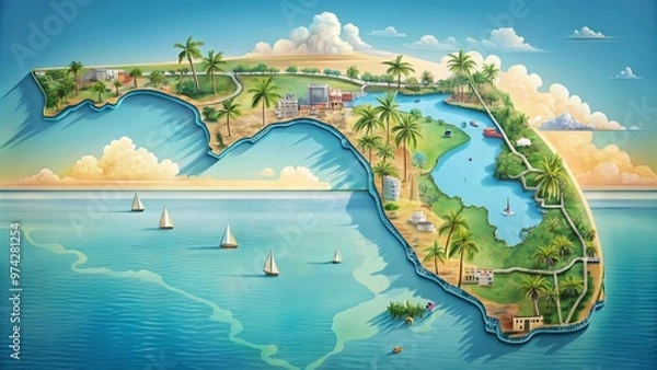 Fototapeta Vibrant digital illustration of Florida's outline, showcasing major cities, roads, and geographical features,