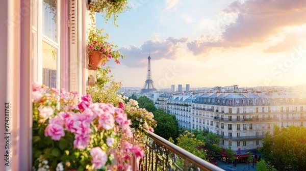 Fototapeta A pink Parisian balcony adorned with flowers, offering a stunning view of the city at dusk.