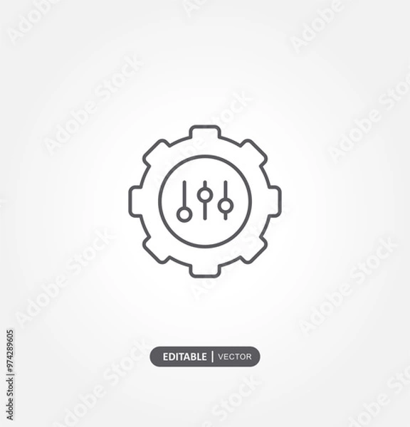 Fototapeta a simple line drawing of a gear with three vertical sliders inside the gear. The gear symbolizes settings or configuration, while the sliders represent adjustments or control options