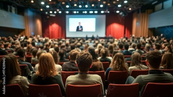 Obraz Audience of people listening to a speaker on stage at a conference or seminar. 