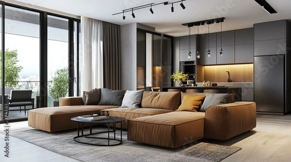 Obraz Modern living room interior design with large sectional sofa and city view
