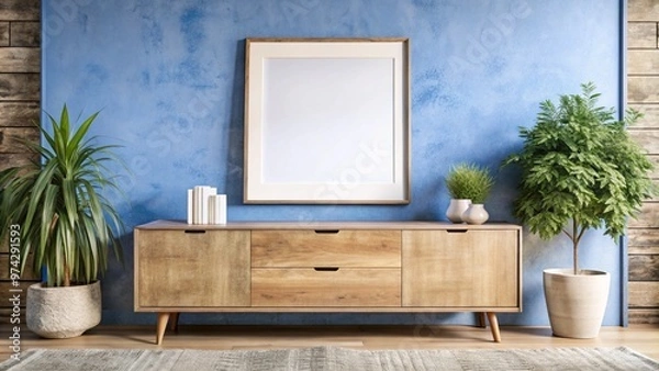 Fototapeta Wooden cabinet, dresser against concrete wall with empty blank mock up poster frame with copy space. Rustic home interior design of modern living room.
